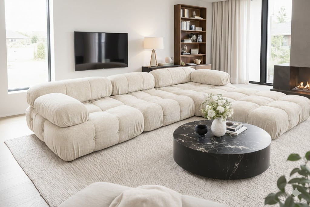 Bubble Ivory White Boucle Fabric Corner Sofa